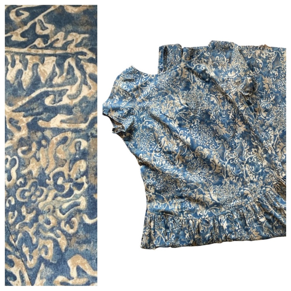 Peruvian Connection 100% Pima Cotton Size Large Indigo Blue Tan Batik Like Print